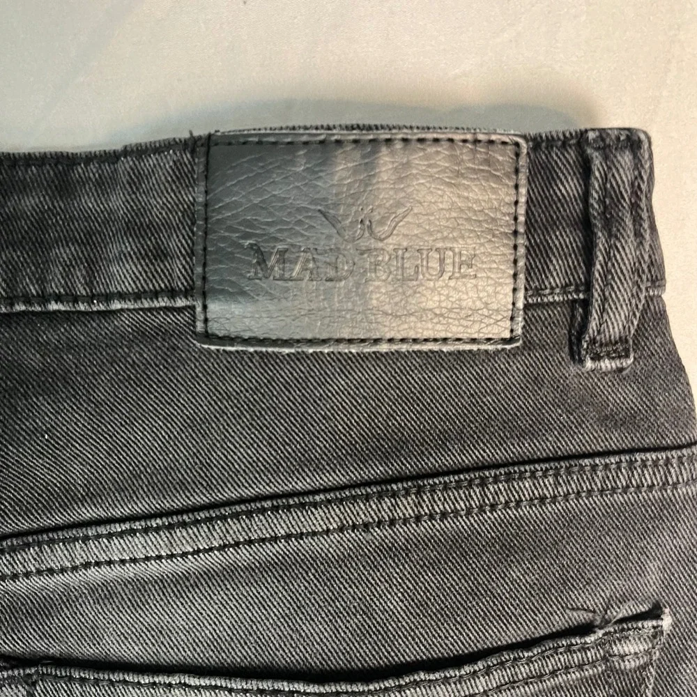 Mad Blue Mens Moto Biker Skinny Jeans Black Faded Ribbed Knee 32x33